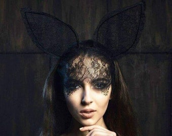 Black Lace Fetish Wear Bunny Ears Headband with Veil - Handmade Item - Festival Accessory