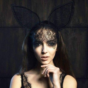 Black Lace Fetish Wear Bunny Ears Headband with Veil - Handmade Item - Festival Accessory