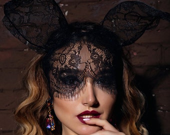 Black Lace Bunny Ears Headband with Veil - Handmade Item - Festival Accessory