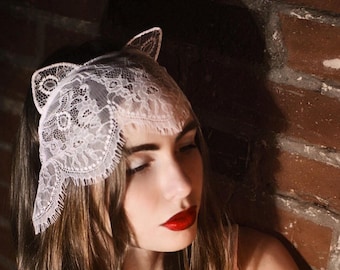 Handmade White Lace Cat Ears Headband with Veil - Wedding Accessory