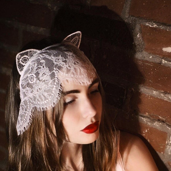 White Lace Cat Ears Headband with Veil - Handmade Item - Festival Accessory