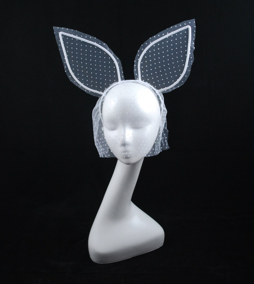 White Lace Bunny Ears Headband With Veil Handmade Etsy 5086