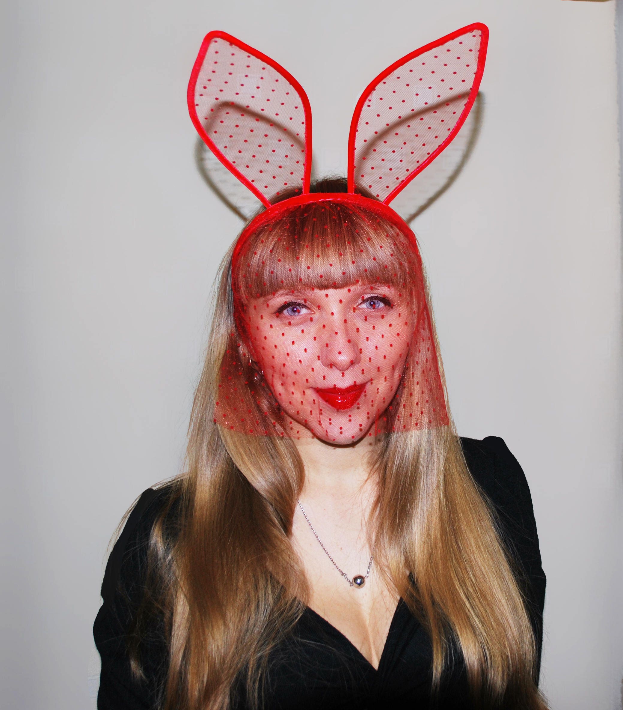 SEXY MODEL RED LACE BUNNY EARS HEADBAND VEIL  *NWT Red Lace Bunny Ears Headband With Veil - Handmade Item  main image 2