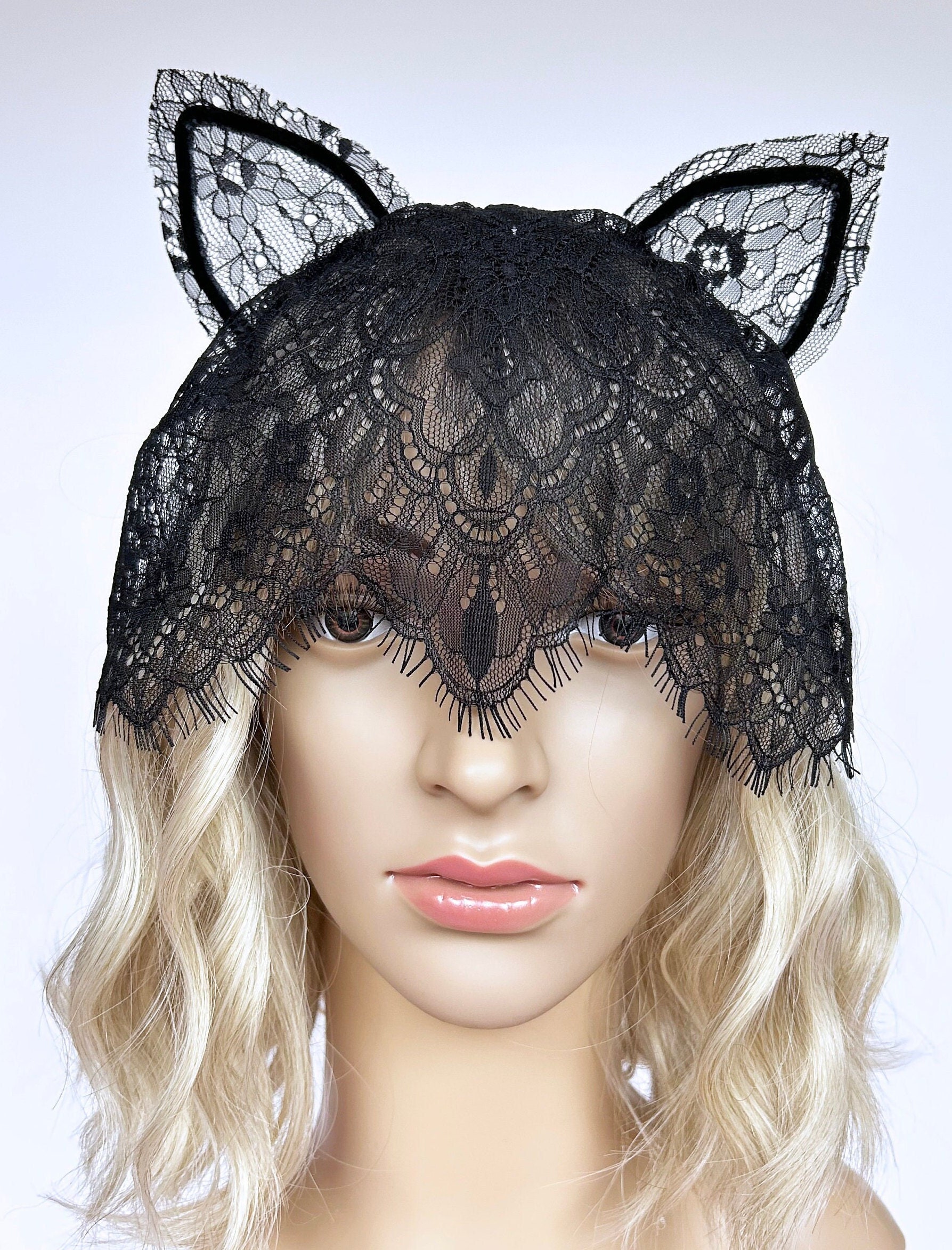 YERTTER Sexy Cat Ear Black Lace Halloween Headband with Veil Mask Headpieces Black Lace Cat Ears Headband With Veil - Masquerade Festival  main image 4