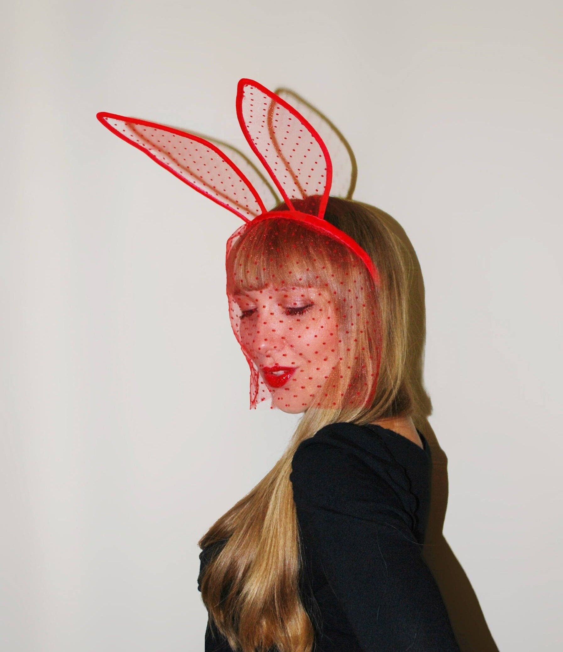 Red Lace Bunny Ears Headband With Veil - Handmade Item 