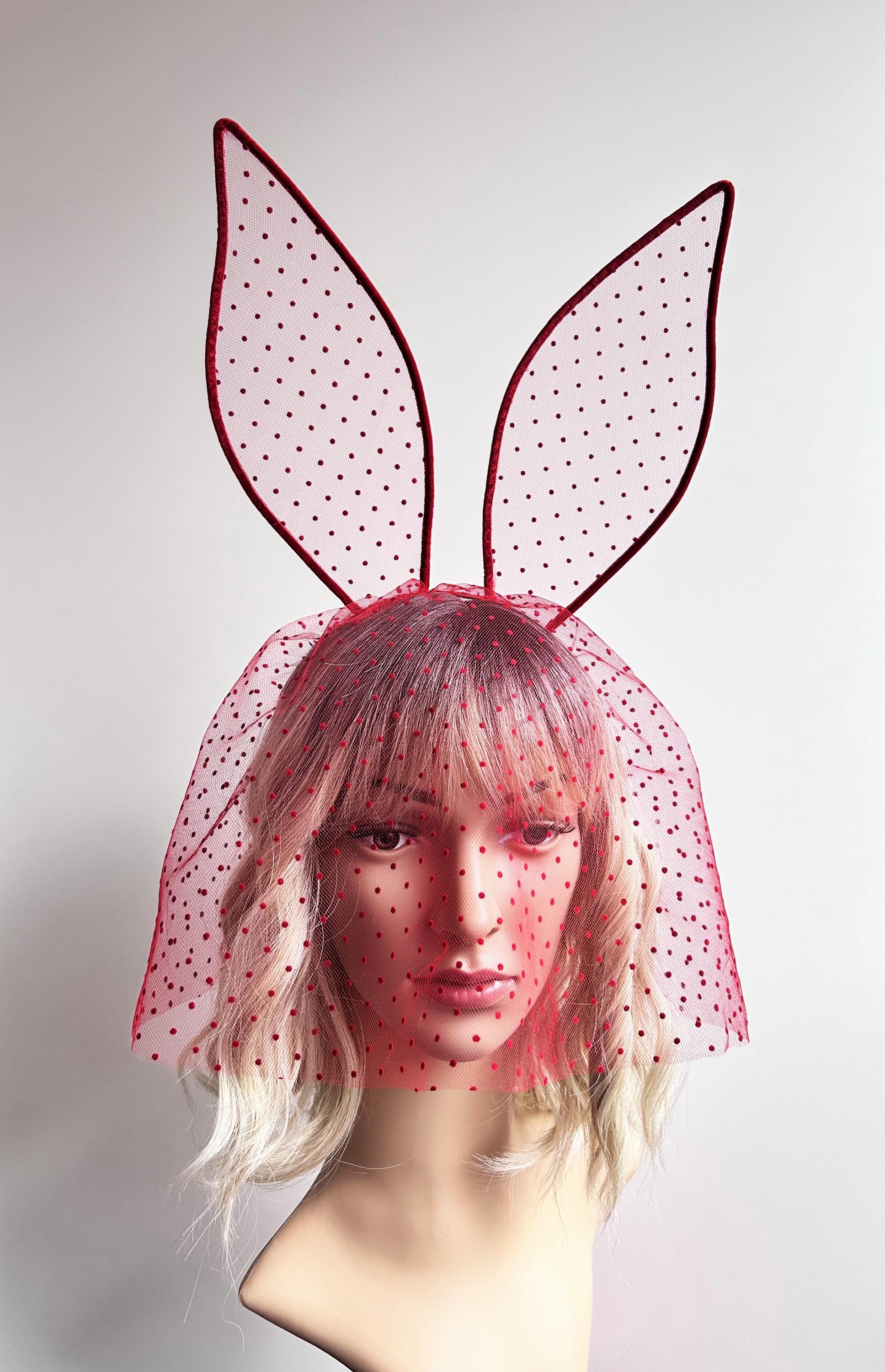 SEXY MODEL RED LACE BUNNY EARS HEADBAND VEIL  *NWT Red Lace Bunny Ears Headband With Veil - Handmade Item  main image 3