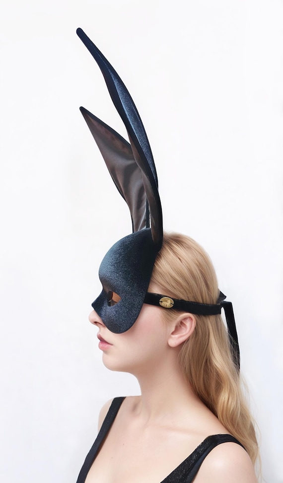 Velvet Bunny Party Mask - Black Rabbit Half-Face Mask With Soft Foam Nose Pad & Long Ears, 14x7 Inches, Masquerade & Halloween
