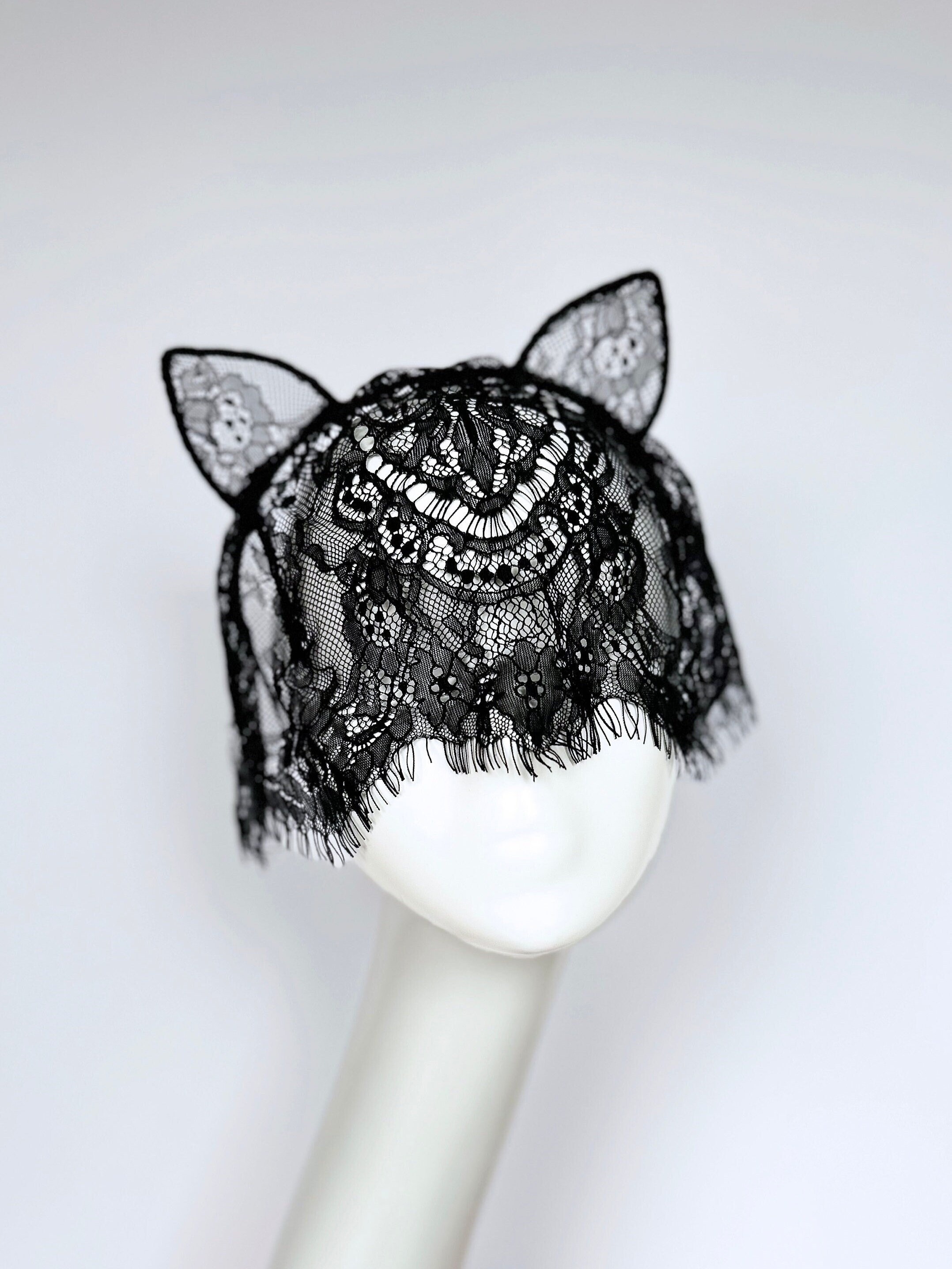 Black Lace Cat Ears Headband With Veil - Masquerade Festival 