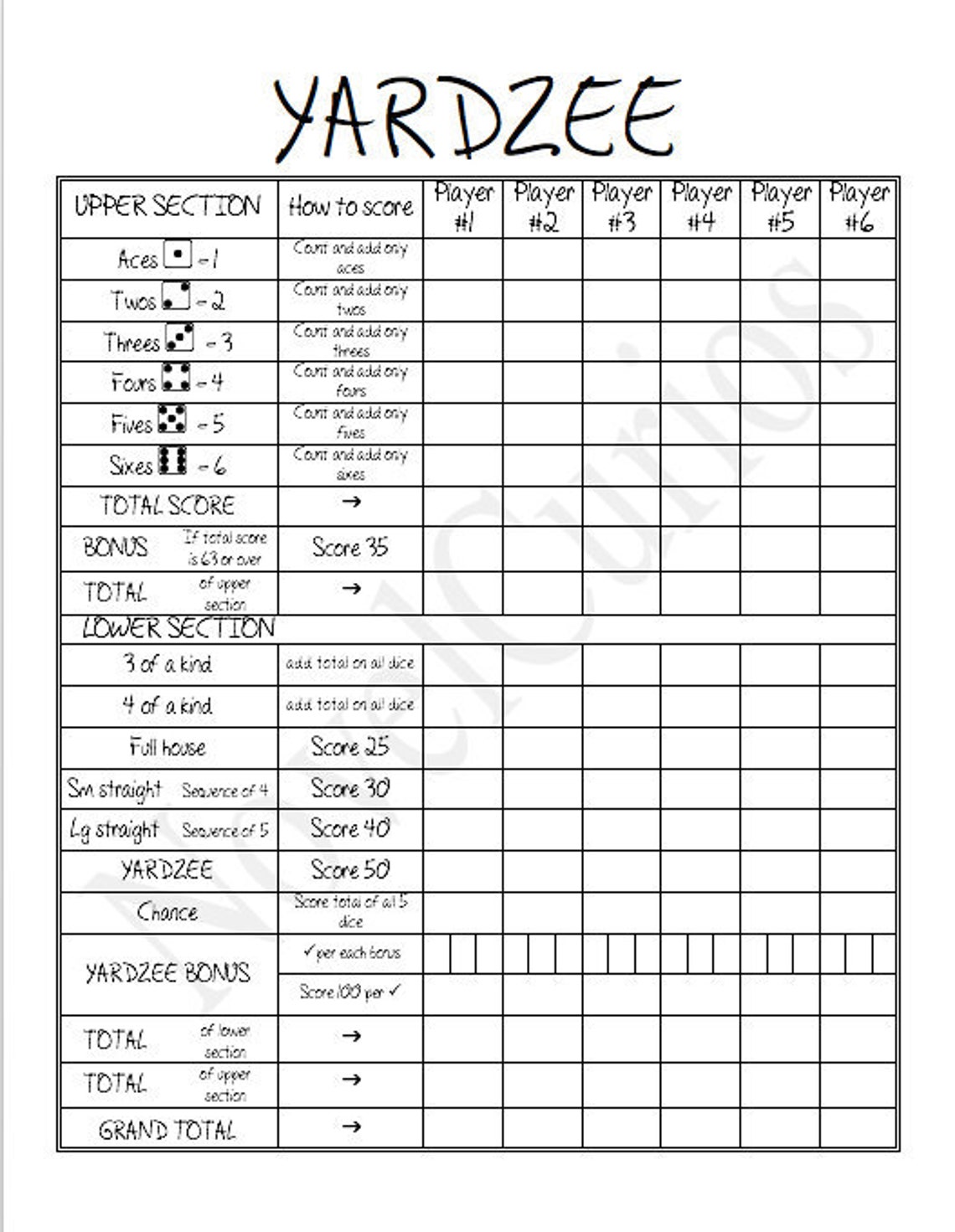 Printable YARDZEE Score Sheet Etsy