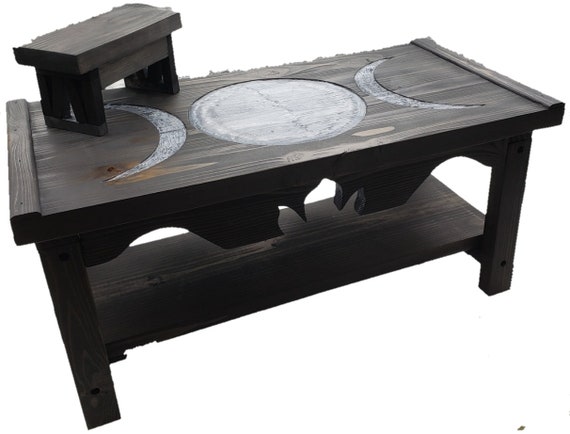 Triple Moon Goddess Pedestal Altar Table with Shelf