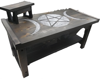 Triple Moon Pentagram Pedestal Altar Table with Shelf
