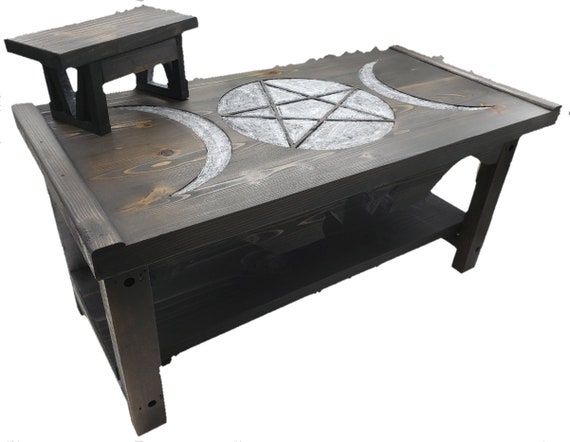 Triple Moon Pentagram Pedestal Altar Table with Shelf