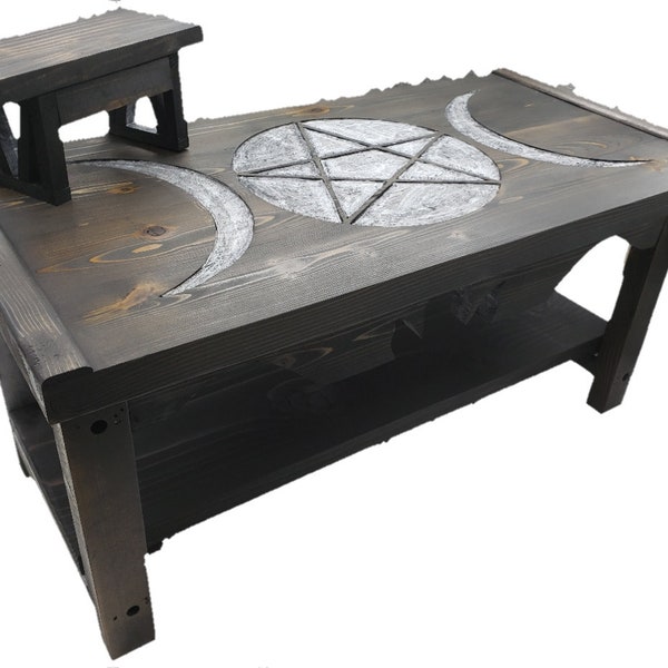 Triple Moon Pentagram Pedestal Altar Table with Shelf