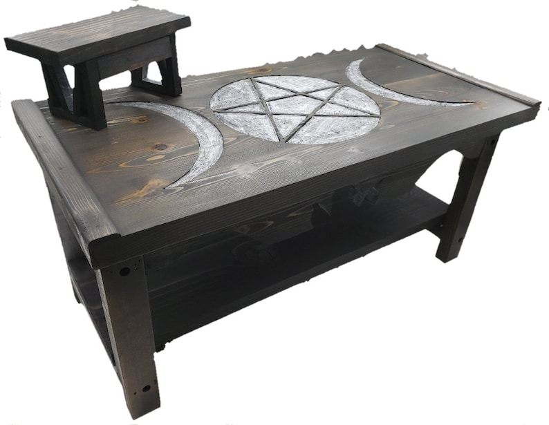 Triple Moon Pentagram Pedestal Altar Table with Shelf image 1