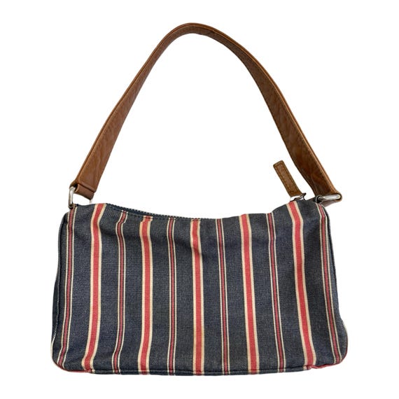 Vintage Y2K Mini Bag, Banana Republic Striped Handbag, 2000s Pinstripe Chambray Purse, Blue Red, Leather Handle