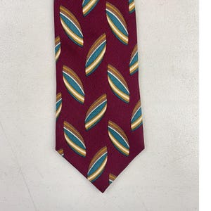 Vintage Geometric Silk Tie 1990s Striped Oval Necktie Burgundy Teal Made in Italy