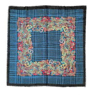 Vintage Paisley & Houndstooth Scarf, 1970s Fringe Square Ascot, 70s Woven Rayon Neckscarf