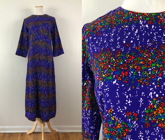 Vintage Rainbow Barkcloth Dress | 50s Abstract Pri