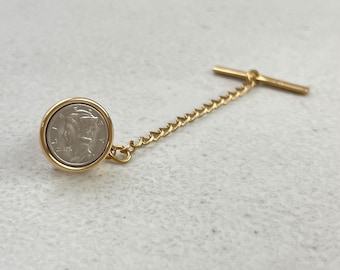 Vintage Liberty Dime Coin Tie Tack Gold/Silver Tone Metal Necktie Pin with Chain
