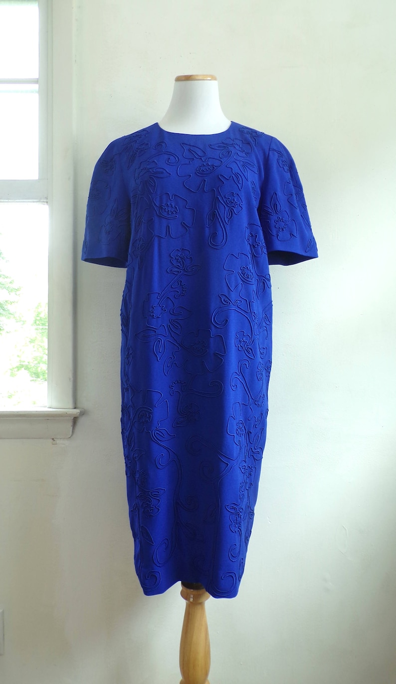 80s floral shift dress size medium cobalt blue cord flower dress crepe acetate liz claiborne designer day dress 1980s short sleeve dress