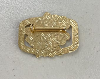 Broche Florale Ajourée Vintage Années 1970 - Métal Doré Avec Oxydes De Couleur - Occasion