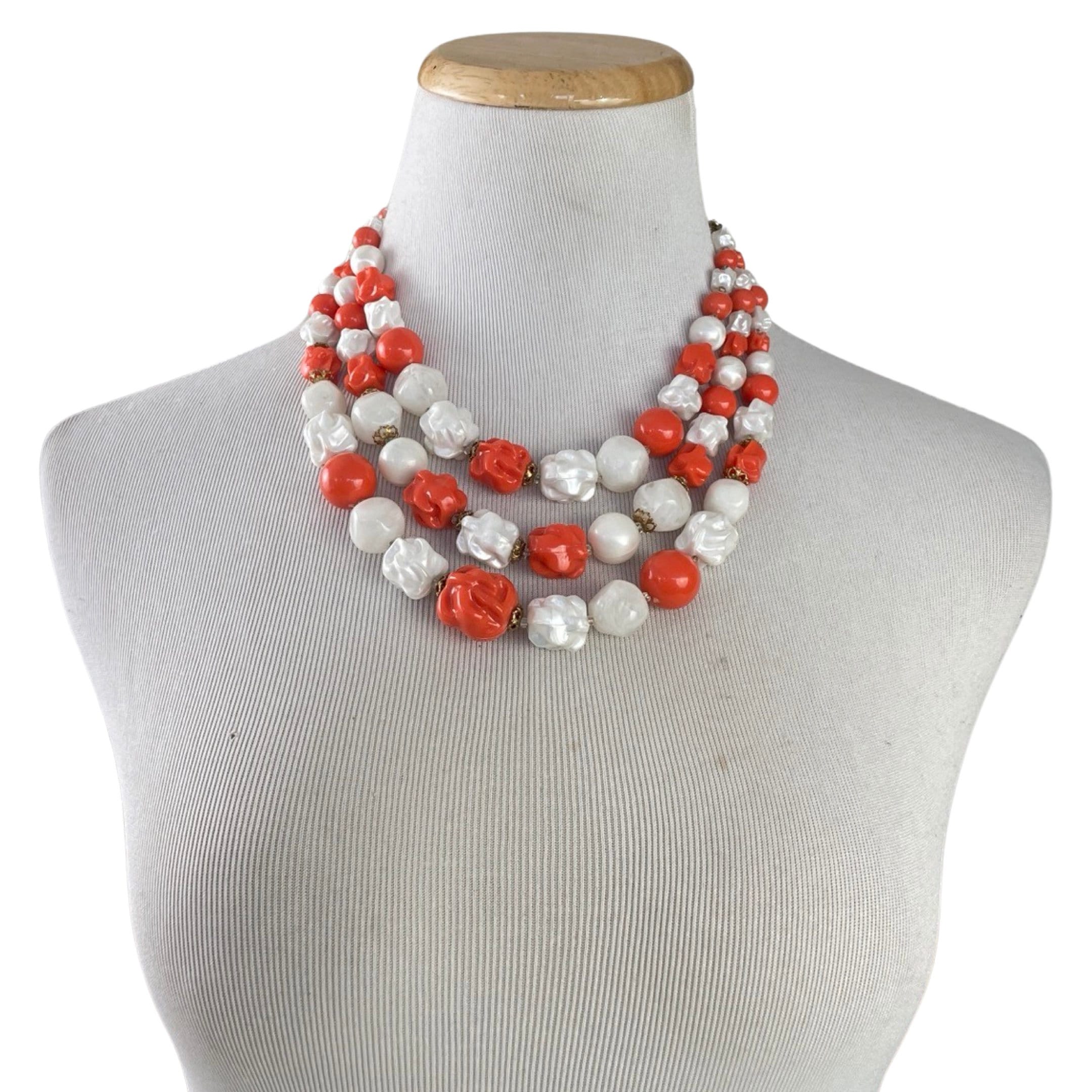 Collier Vintage Années 50/60 - Perles Orange Et Blanc, Bijou D'occasion
