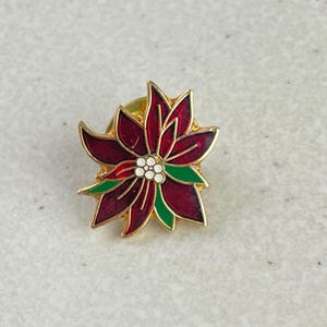 Vintage Enamel Poinsettia Pin 1970s Floral Christmas Holiday Jewelry