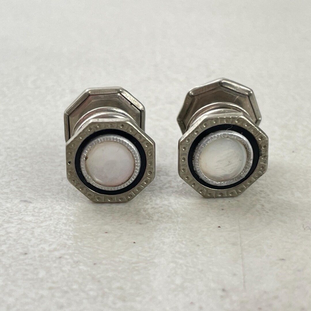 Boutons De Manchette Octogonaux Vintage - Nacre Et Métal Argenté, Occasion