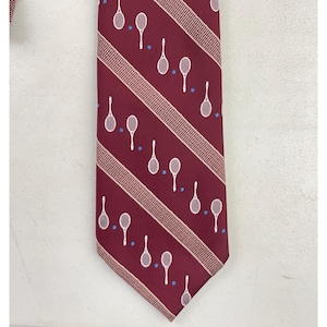 Vintage Tennis Tie 1960s Racket Wide Necktie 60s Burgundy Sports Polyester