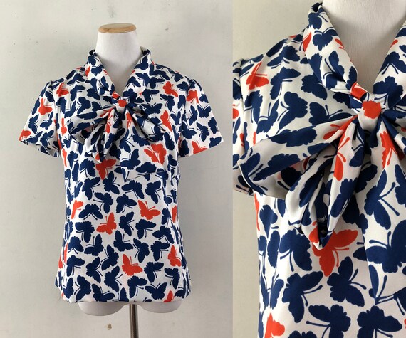 Vintage 1970/'s Sears Size Large Womens Button Down Long Sleeve Top With Butterfly Collar White Red And Black Box Design All Over Print EUC