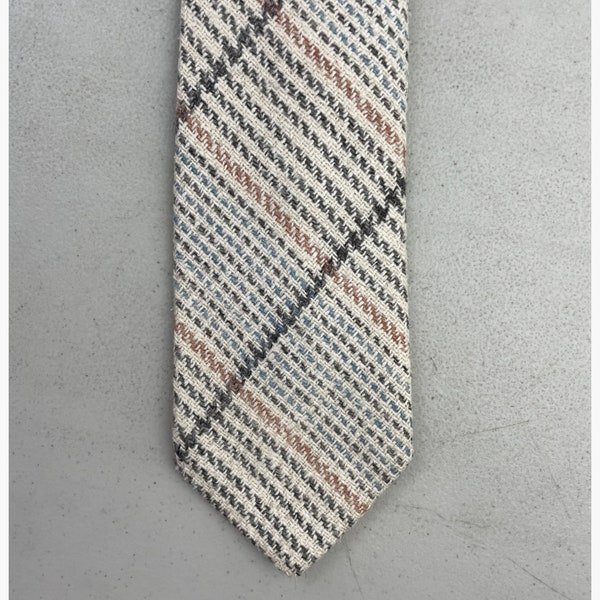 Vintage 1960s Tweed Plaid Tie Woven Acrylic Necktie | Cream/Charcoal Gray/Blue/Puce