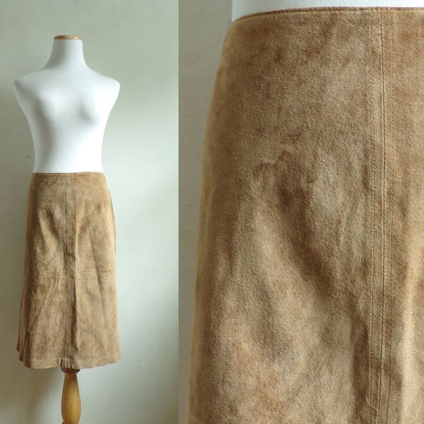 brown suede skirt size large 12 | 32" waist | panel skirt, knee length skirt, 90s skirt, brown leather skirt, 1990s skirt, minimalist skirt