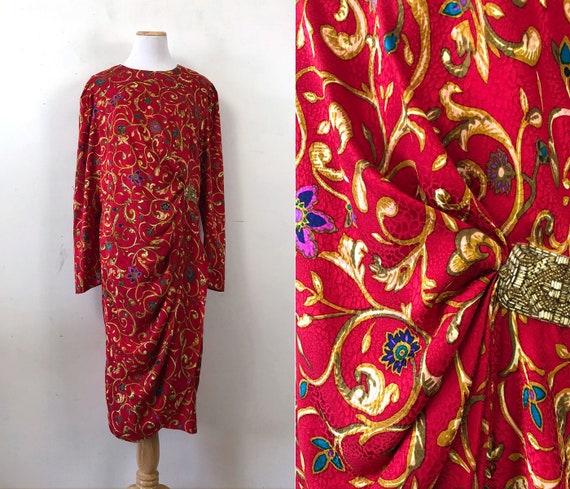 Vintage Floral Silk Dress | 80s Embossed Flower Pr