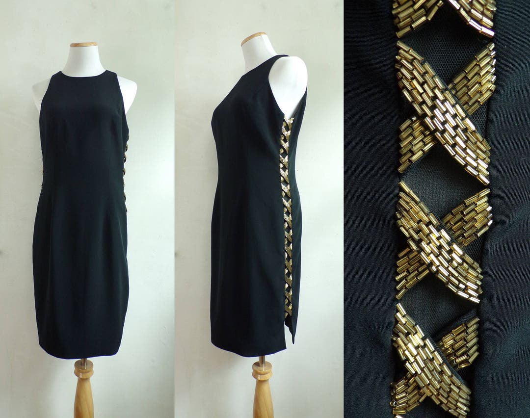 Vintage Beaded Cocktail Dress 80s Black Sleeveless Party Dress With