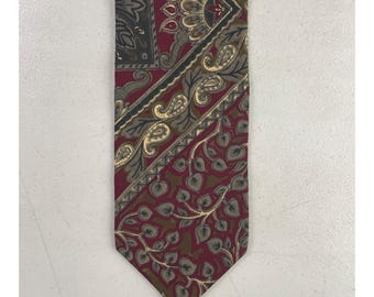 May include: A red, green, and gold patterned silk tie with a paisley design.