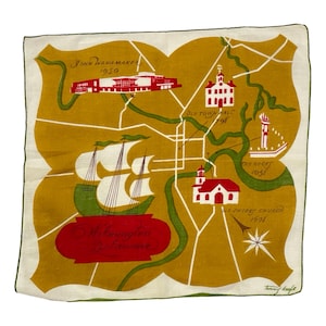 Pañuelo vintage de Tammis Keefe, cuadrado de algodón de los años 50, estampado novedoso de Wilmington, Delaware, años 50