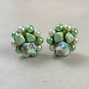 Vintage 1960s Green Beaded Earrings Statement Clip Ons Made in Japan