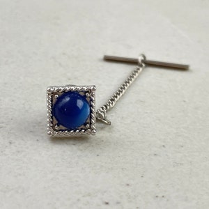 Vintage Blue Bead Tie Tack 1960s Square Silver Tone Metal Necktie Pin