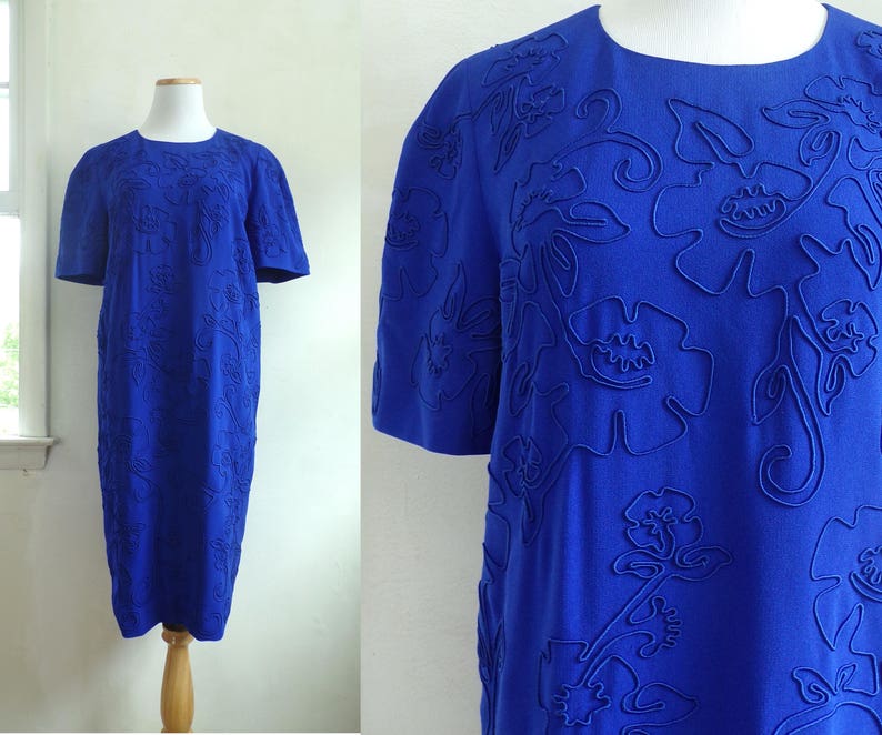 80s floral shift dress size medium cobalt blue cord flower dress crepe acetate liz claiborne designer day dress 1980s short sleeve dress