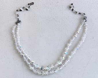 Vintage Crystal Bead Double Strand Necklace 1960s AB Iridescent Clear Collar