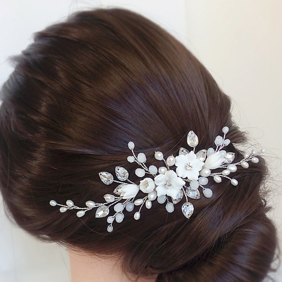Wedding Hair Comb Bridal Hair Piece White Flower Comb Pearl Etsy