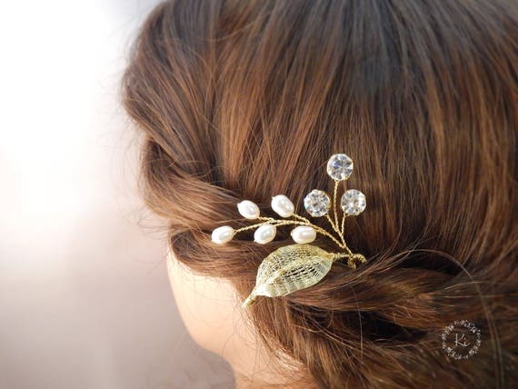Wedding Hair Pins Bridal Gold Hairpins Wedding Gold Clips Bridal Hairpins Gold Hairpins Pearl Clips Wedding Headpiece Gold Leaf Hairpiece