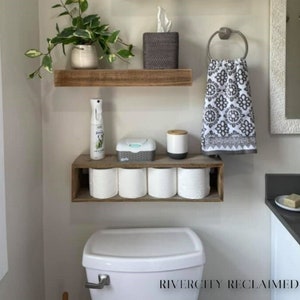 Farmhouse 2 Piece Bathroom Set, Two Wooden Shelves, Toilet Paper Holder, Floating Shelves