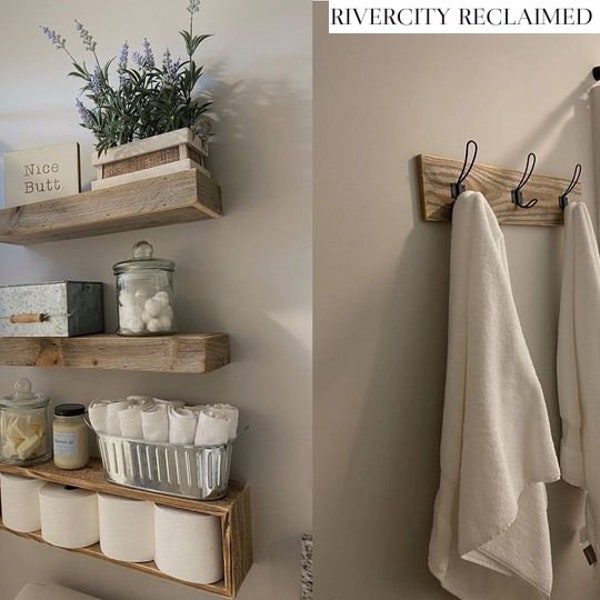 Farmhouse 4 Piece Bathroom Set, 3 wooden shelves, bath towel holder, floating shelves