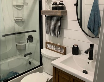 Farmhouse bathroom floating shelf/ with towel holder at bottom. Wooden shelf, wooden shelves.