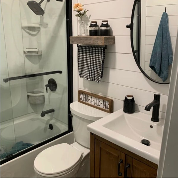 Farmhouse bathroom floating shelf/ with towel holder at bottom. Wooden shelf, wooden shelves.