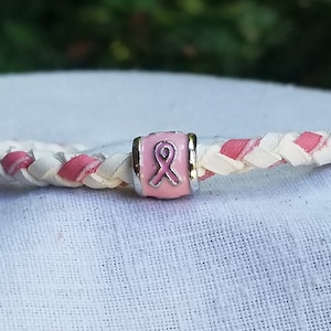 Breast Cancer Bracelet, Breast Cancer Awareness, cancer gifts, Pink Ribbon Breast Cancer Bracelet, Cancer Survivor, Braided Leather Bracelet