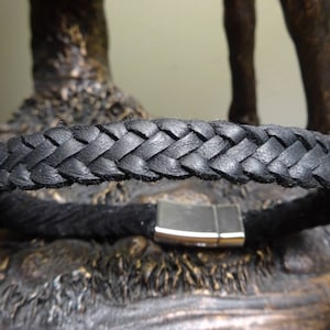 Black Braided Leather Bracelet with Matte Silver Magnetic Clasp