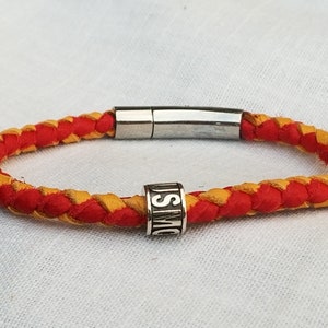 US Marine Corp Red and Gold Braided Leather Bracelet with a Sterling Silver USMC Bead stamped 925.