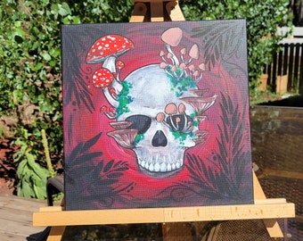 Original Hand Painted Acrylic Fungi Skull on Stretched Canvas - Cottagecore Halloween Decor - unique wall decor